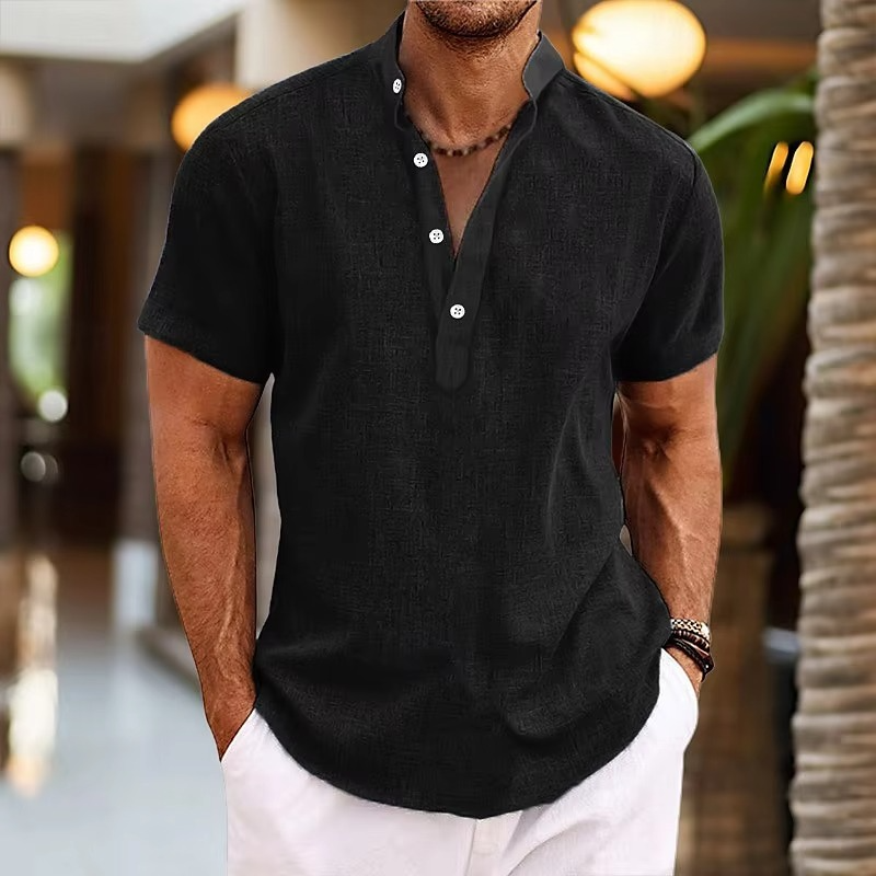 Men's Short Sleeve Henley Shirt with Stand Collar and Button Placket