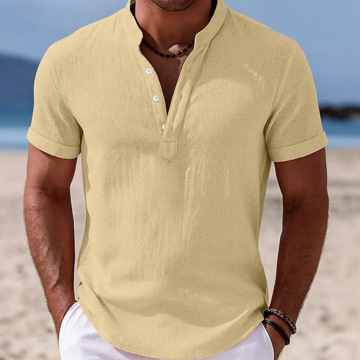 Men's Short Sleeve Henley Shirt with Stand Collar and Two-Button Placket