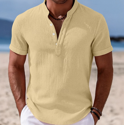 Men's Short Sleeve Henley Shirt with Stand Collar and Two-Button Placket