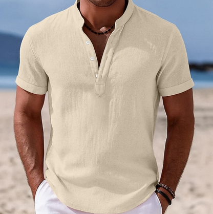Men's Short Sleeve Henley Shirt with Stand Collar and Two-Button Placket