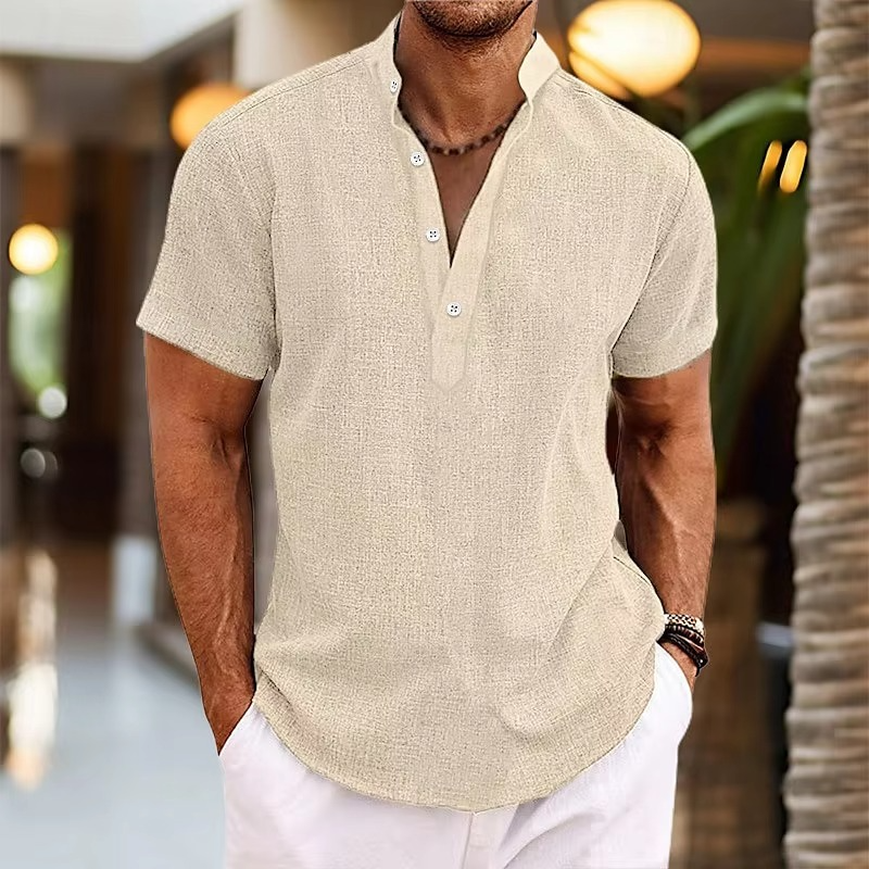 Men's Short Sleeve Henley Shirt with Stand Collar and Button Placket