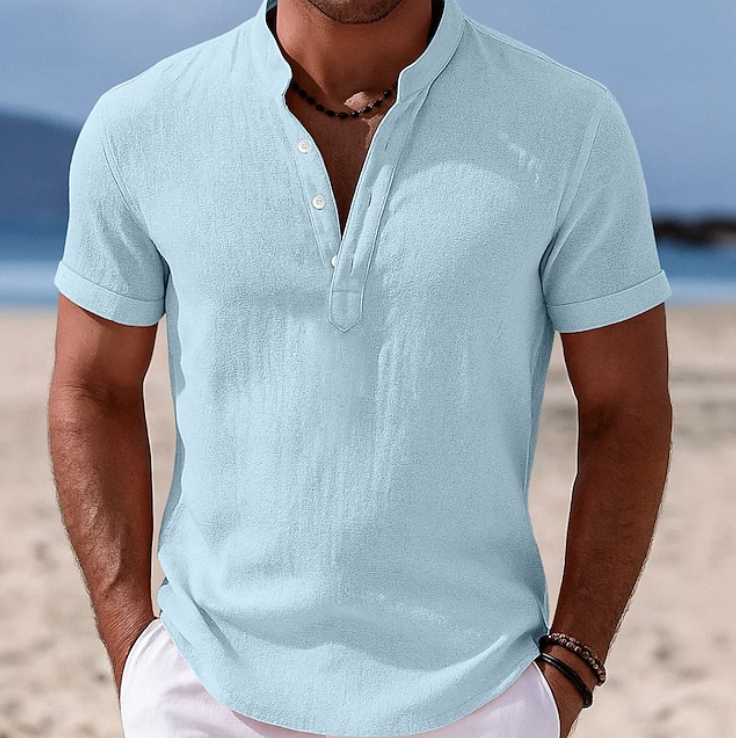 Men's Short Sleeve Henley Shirt with Stand Collar and Two-Button Placket