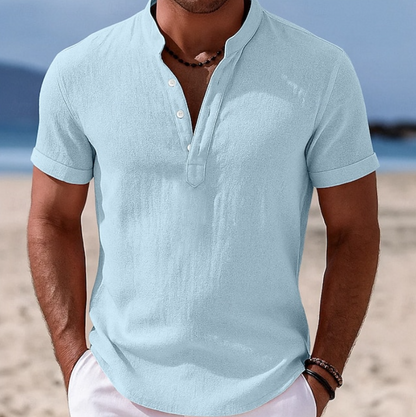 Men's Short Sleeve Henley Shirt with Stand Collar and Two-Button Placket