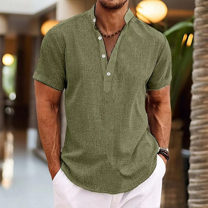 Men's Short Sleeve Henley Shirt with Stand Collar and Button Placket