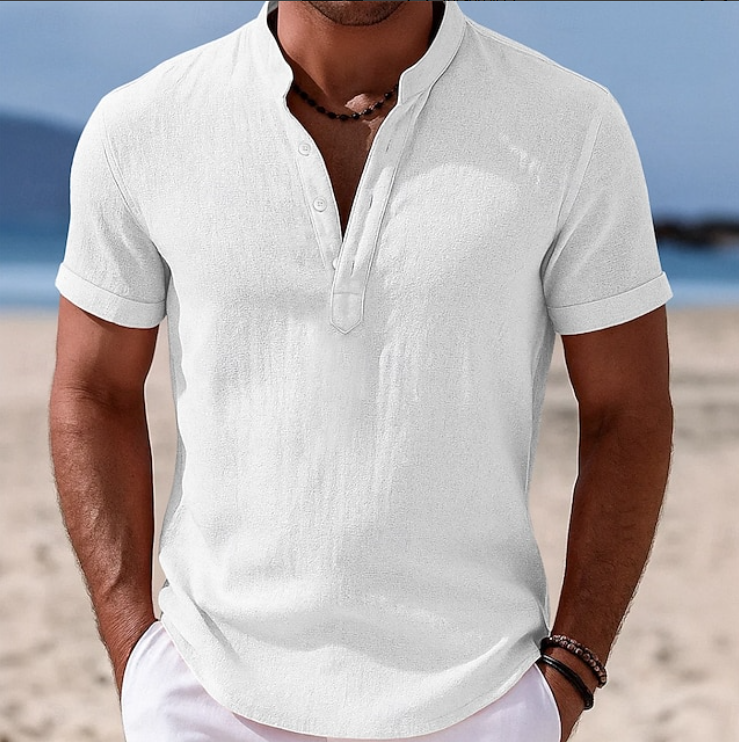 Men's Short Sleeve Henley Shirt with Stand Collar and Two-Button Placket
