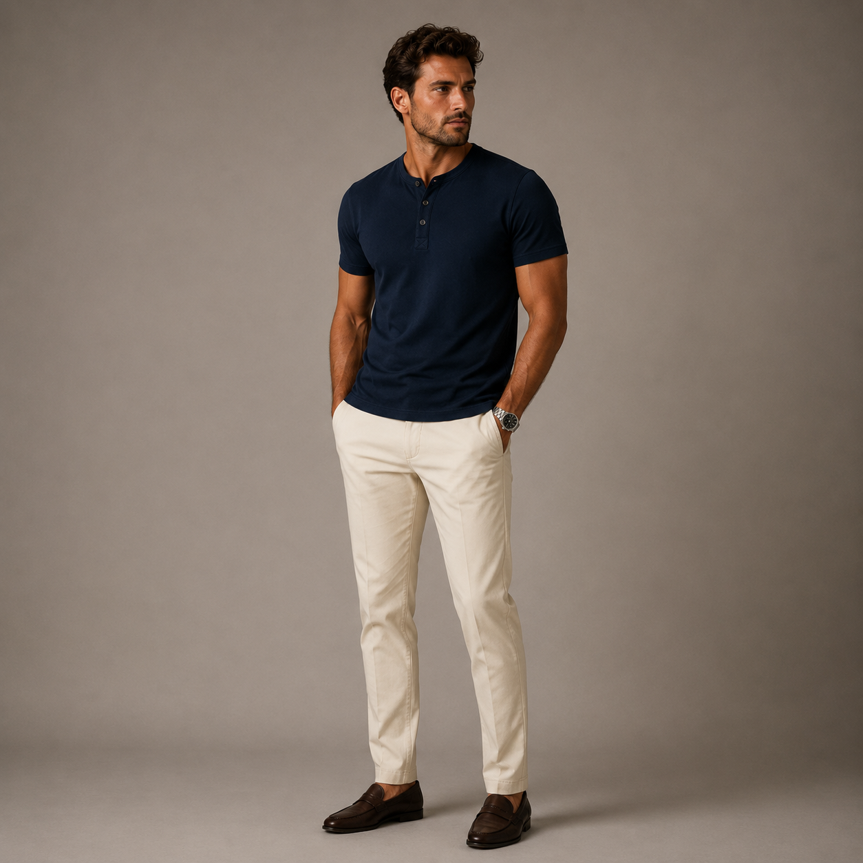 Men's Short Sleeve Henley T-Shirt with Button Placket Regular Fit