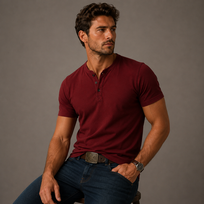 Men's Short Sleeve Henley T-Shirt with Button Placket Regular Fit