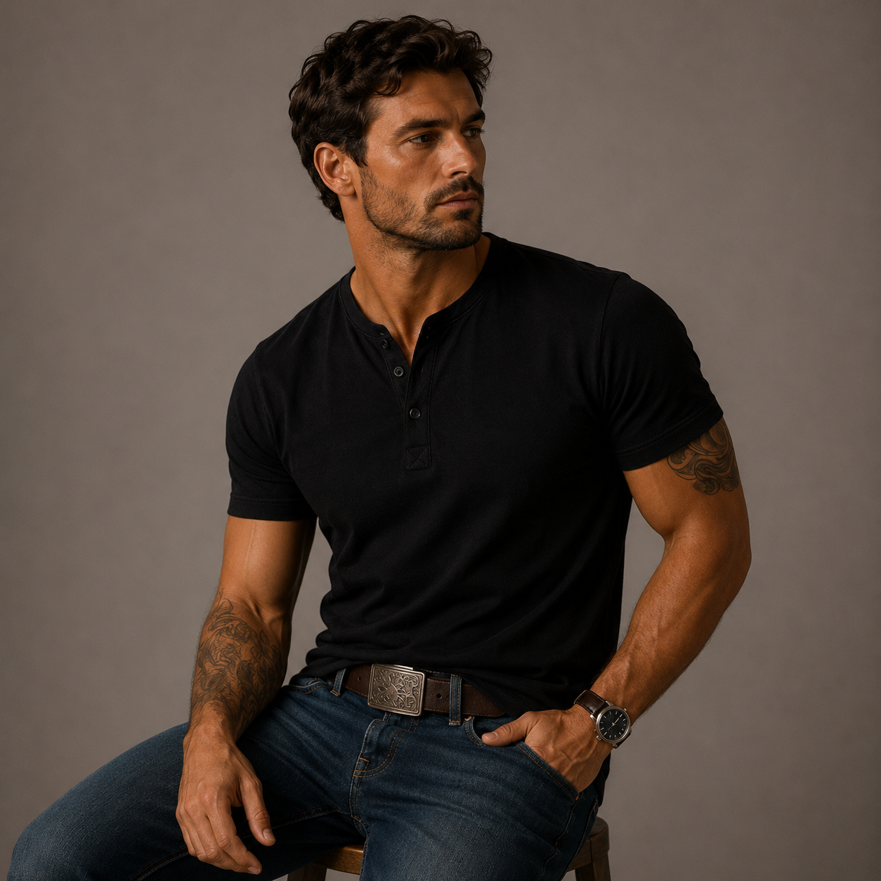 Men's Short Sleeve Henley T-Shirt with Button Placket Regular Fit
