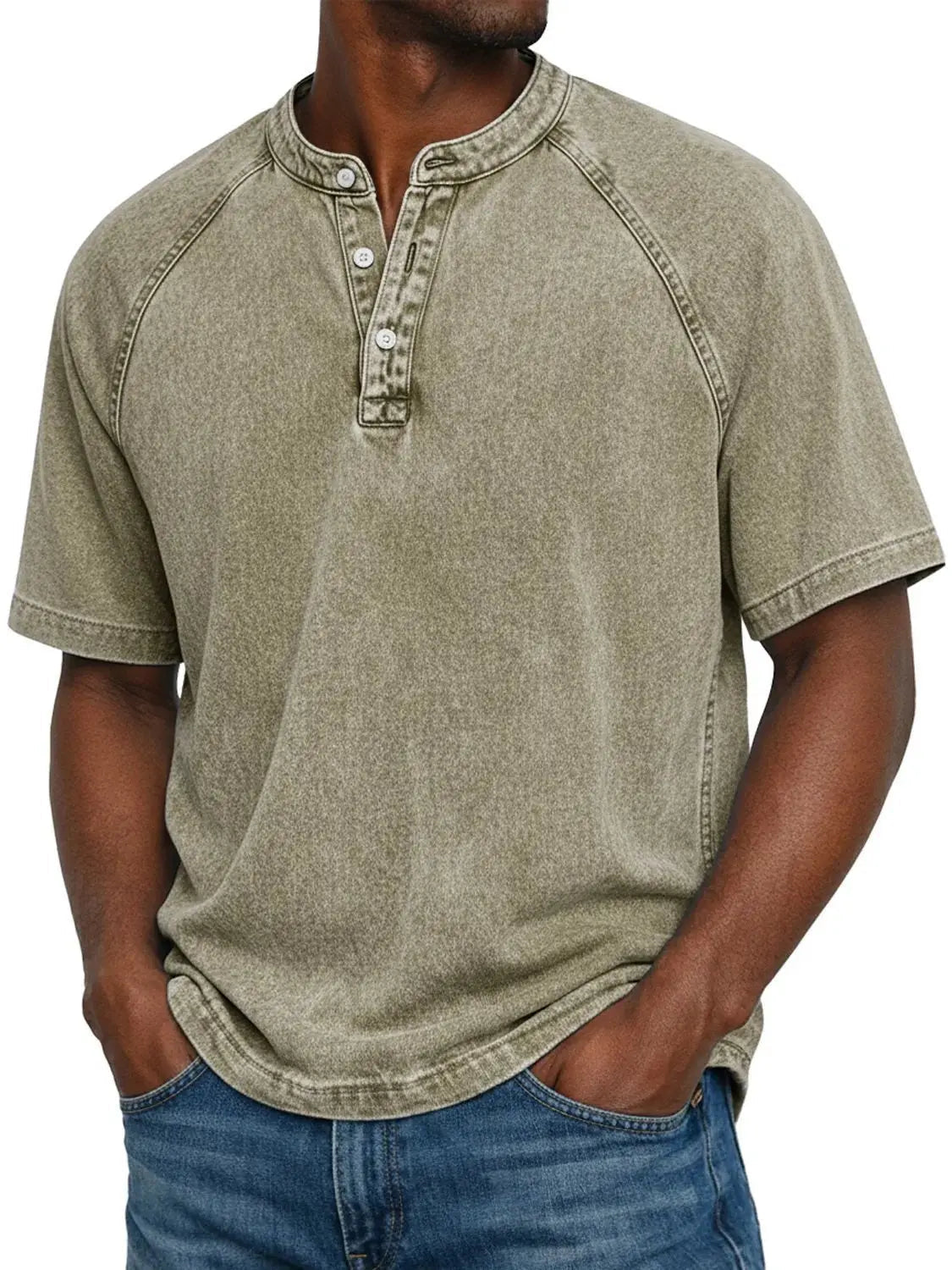 Men's Short Sleeve Henley T-Shirt with Raglan Sleeves and Button Placket
