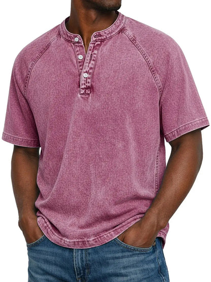Men's Short Sleeve Henley T-Shirt with Raglan Sleeves and Button Placket