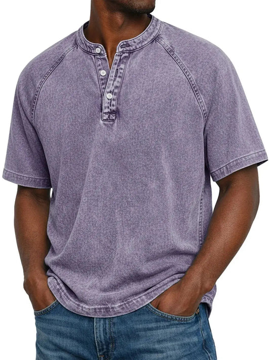 Men's Short Sleeve Henley T-Shirt with Raglan Sleeves and Button Placket