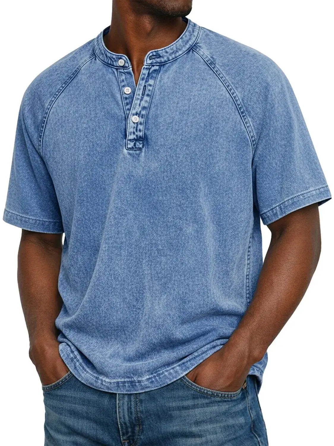 Men's Short Sleeve Henley T-Shirt with Raglan Sleeves and Button Placket