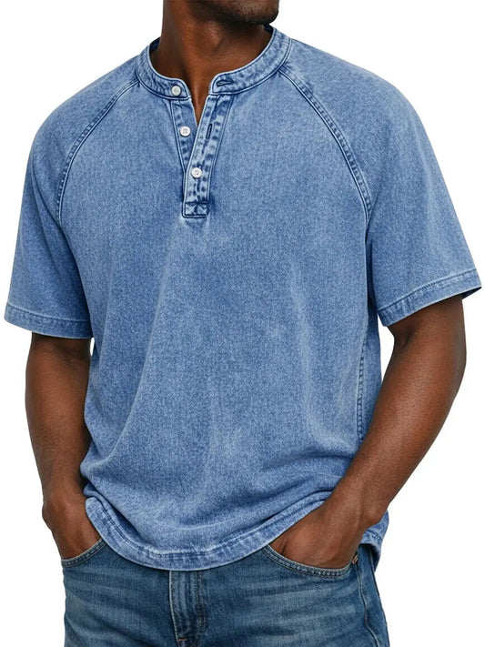 Men's Short Sleeve Henley T-Shirt with Raglan Sleeves and Button Placket