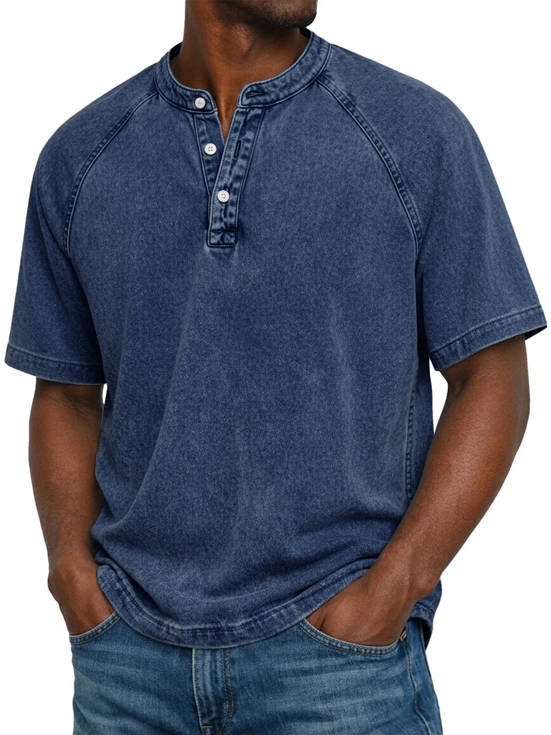 Men's Short Sleeve Henley T-Shirt with Raglan Sleeves and Button Placket