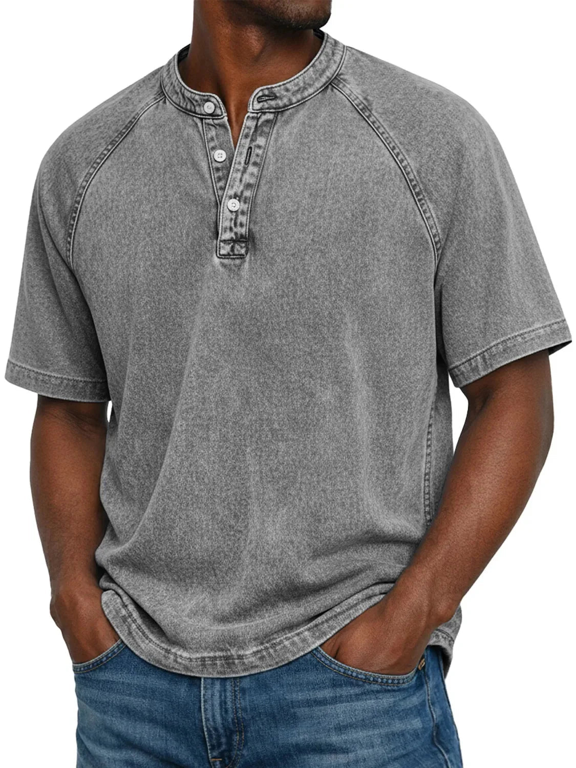 Men's Short Sleeve Henley T-Shirt with Raglan Sleeves and Button Placket