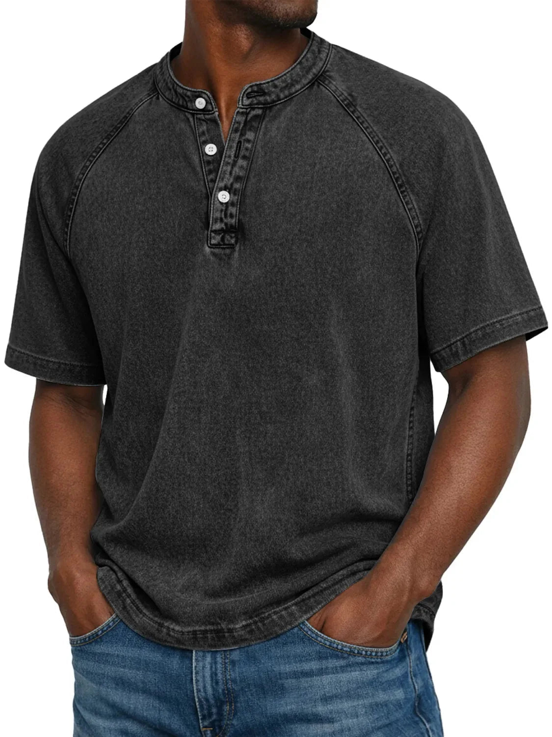 Men's Short Sleeve Henley T-Shirt with Raglan Sleeves and Button Placket