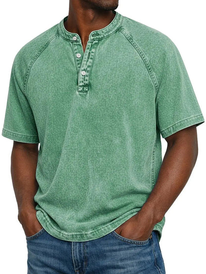 Men's Short Sleeve Henley T-Shirt with Raglan Sleeves and Button Placket