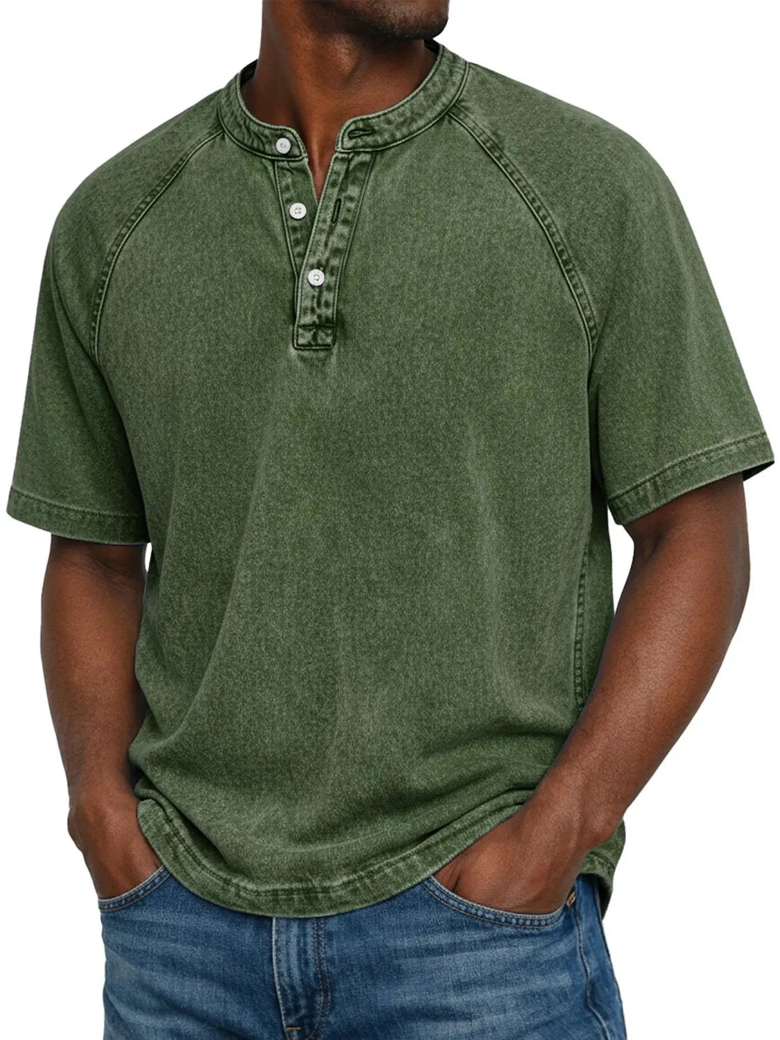 Men's Short Sleeve Henley T-Shirt with Raglan Sleeves and Button Placket