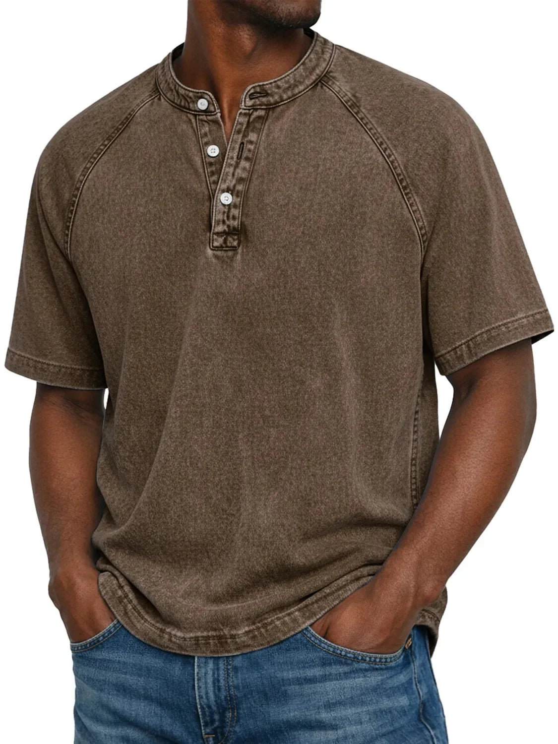 Men's Short Sleeve Henley T-Shirt with Raglan Sleeves and Button Placket
