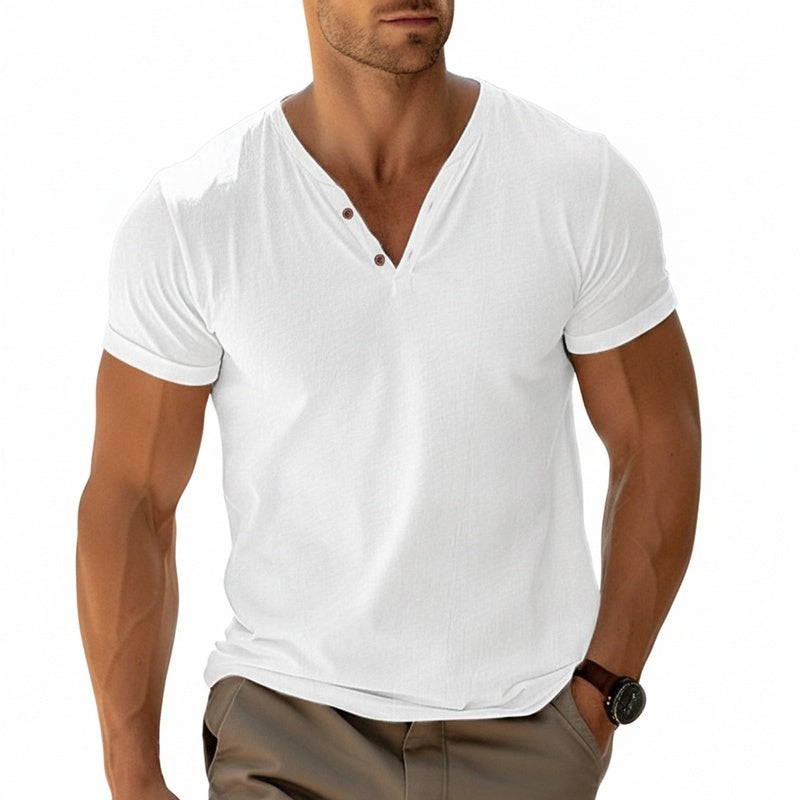Men's Short Sleeve Henley T-Shirt with V-Neck and Button Placket