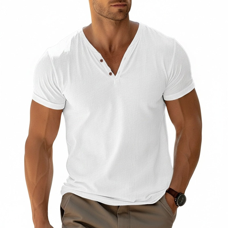 Men's Short Sleeve Henley T-Shirt with V-Neck and Button Placket