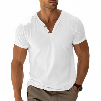 Men's Short Sleeve Henley T-Shirt with V-Neck and Button Placket