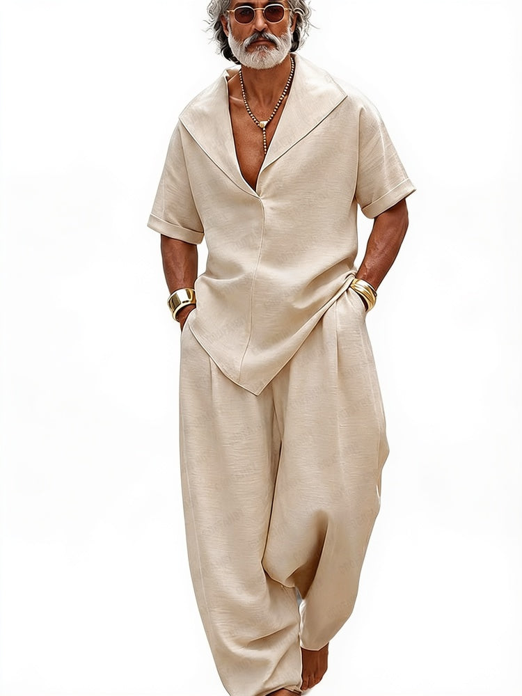 Men's Short Sleeve Matching Set with V-Neck Lapel and Wide-Leg Harem Pants