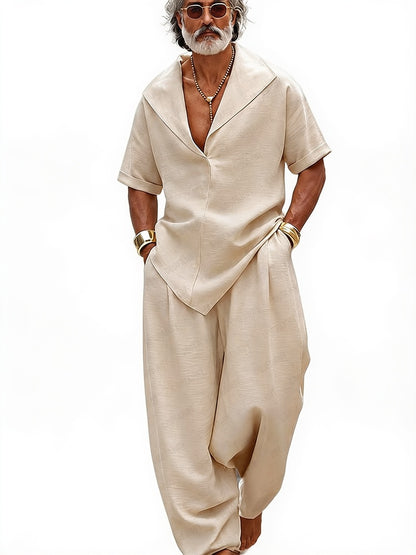 Men's Short Sleeve Matching Set with V-Neck Lapel and Wide-Leg Harem Pants