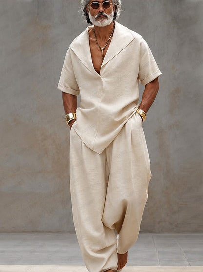Men's Short Sleeve Matching Set with V-Neck Lapel and Wide-Leg Harem Pants