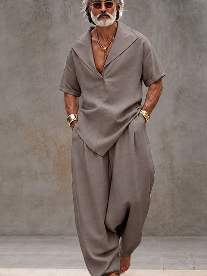 Men's Short Sleeve Matching Set with V-Neck Lapel and Wide-Leg Harem Pants