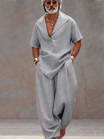 Men's Short Sleeve Matching Set with V-Neck Lapel and Wide-Leg Harem Pants