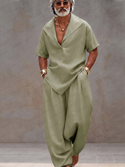 Men's Short Sleeve Matching Set with V-Neck Lapel and Wide-Leg Harem Pants