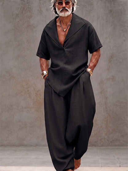 Men's Short Sleeve Matching Set with V-Neck Lapel and Wide-Leg Harem Pants