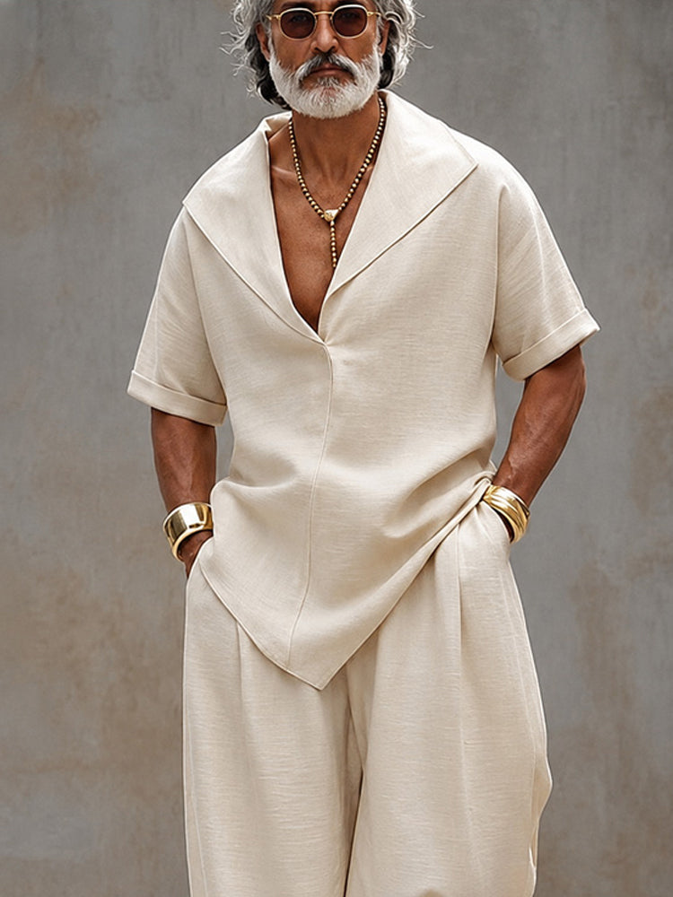 Men's Short Sleeve Matching Set with V-Neck Lapel and Wide-Leg Harem Pants