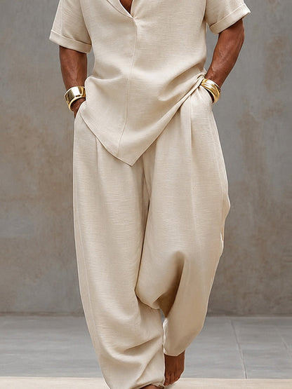 Men's Short Sleeve Matching Set with V-Neck Lapel and Wide-Leg Harem Pants
