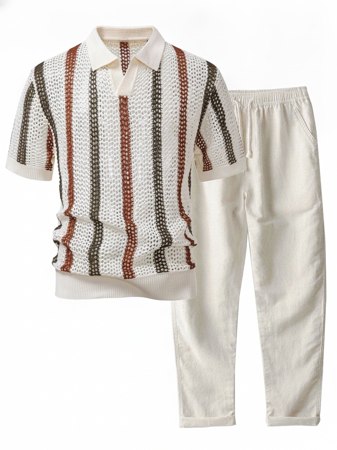 Men's Short Sleeve Polo and Trousers Co-ord Set with Open-Knit Vertical Stripe