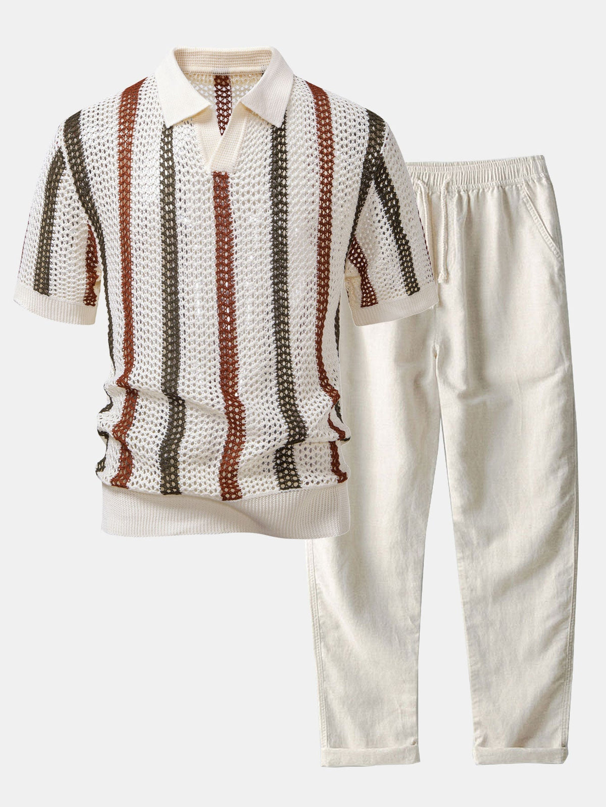 Men's Short Sleeve Polo and Trousers Co-ord Set with Open-Knit Vertical Stripe