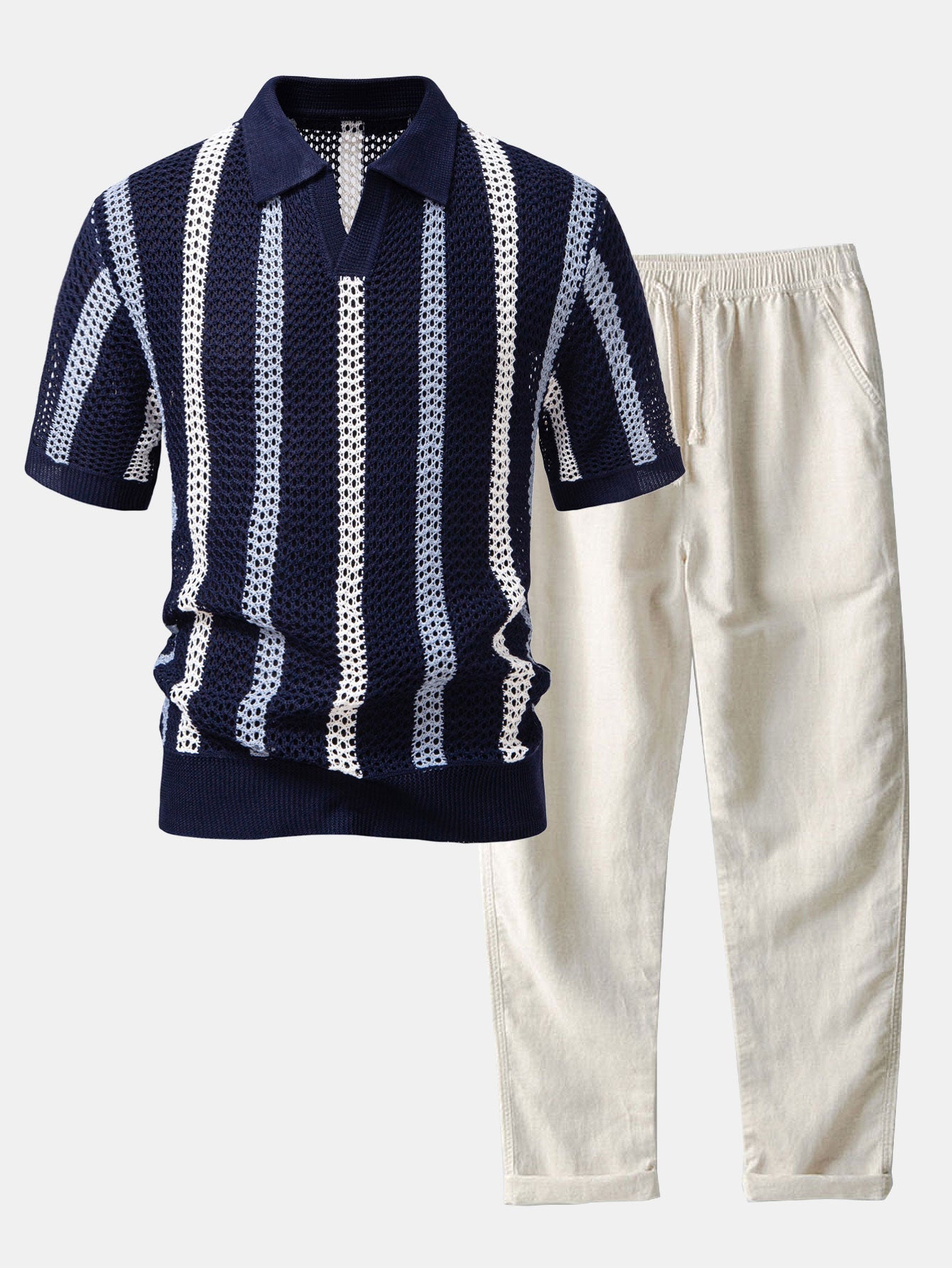 Men's Short Sleeve Polo and Trousers Co-ord Set with Open-Knit Vertical Stripe