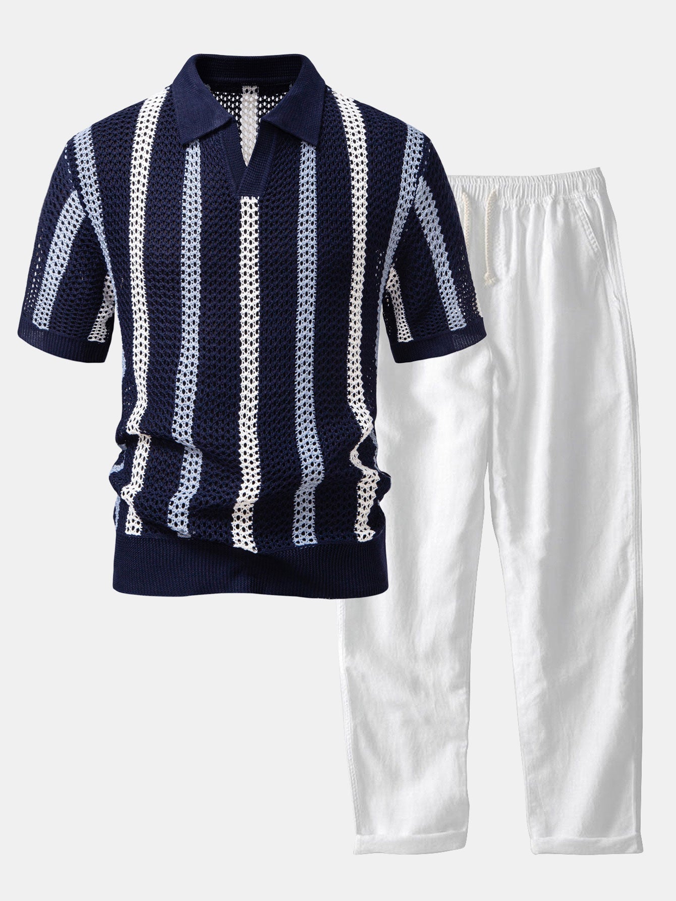 Men's Short Sleeve Polo and Trousers Co-ord Set with Open-Knit Vertical Stripe