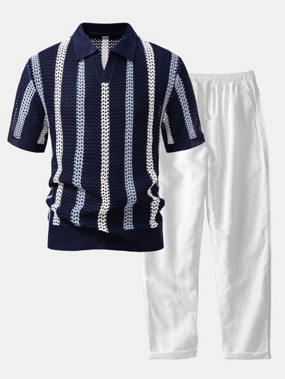Men's Short Sleeve Polo and Trousers Co-ord Set with Open-Knit Vertical Stripe