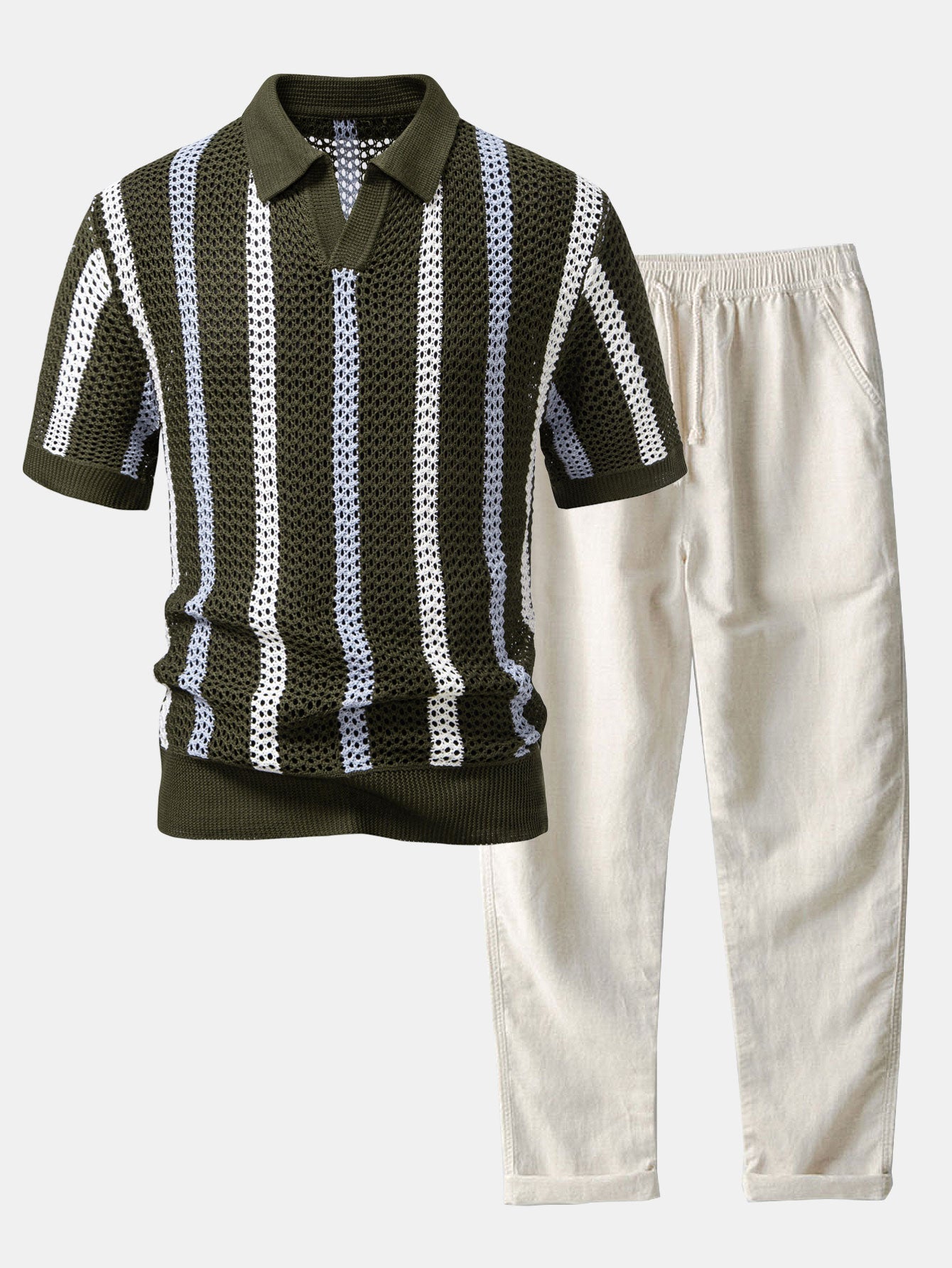 Men's Short Sleeve Polo and Trousers Co-ord Set with Open-Knit Vertical Stripe
