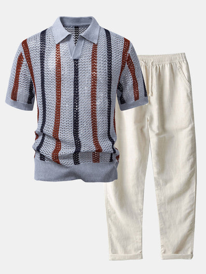 Men's Short Sleeve Polo and Trousers Co-ord Set with Open-Knit Vertical Stripe