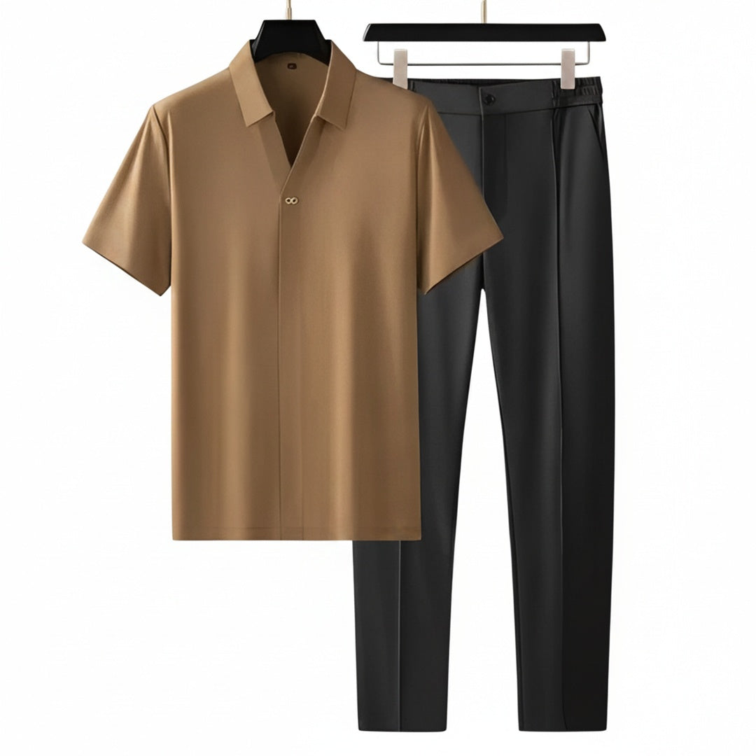 Men's Short Sleeve Polo Shirt and Trousers Co-ord Set with V-Neck Collar