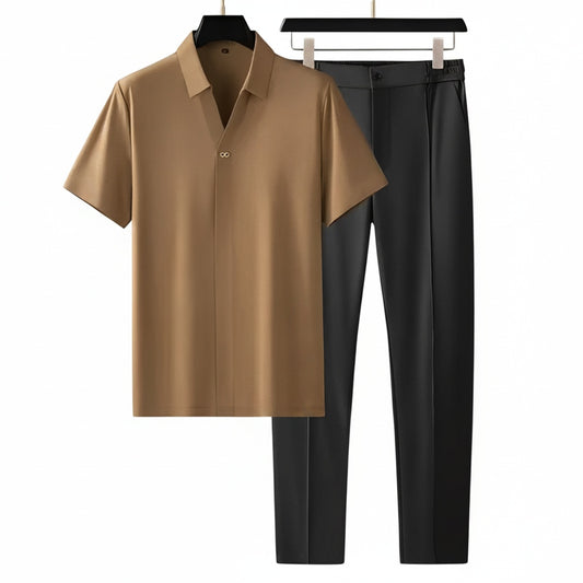 Men's Short Sleeve Polo Shirt and Trousers Co-ord Set with V-Neck Collar