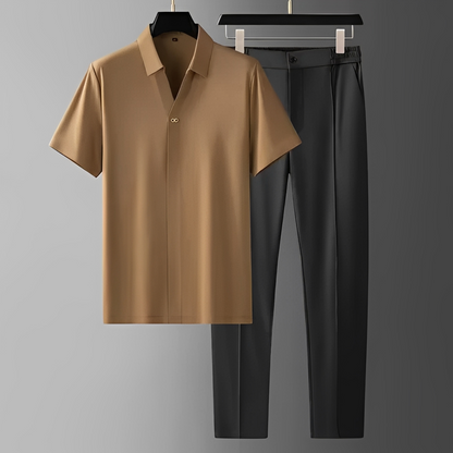 Men's Short Sleeve Polo Shirt and Trousers Co-ord Set with V-Neck Collar