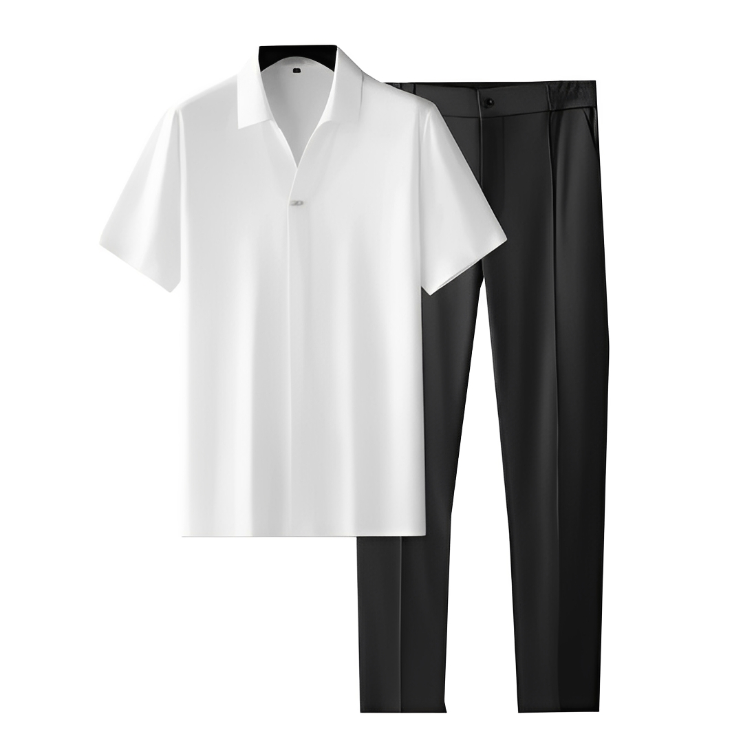 Men's Short Sleeve Polo Shirt and Trousers Co-ord Set with V-Neck Collar