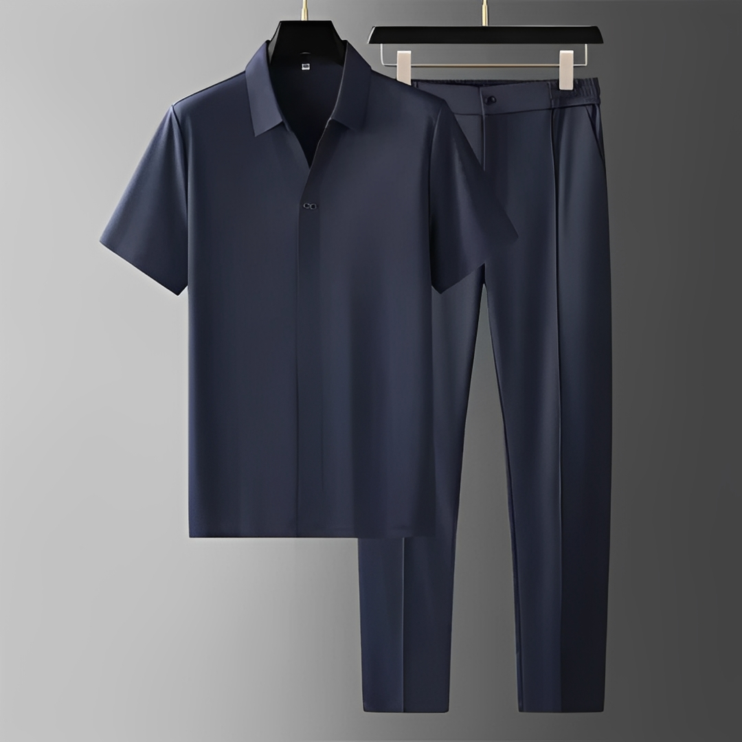 Men's Short Sleeve Polo Shirt and Trousers Co-ord Set with V-Neck Collar