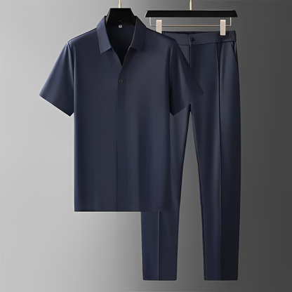 Men's Short Sleeve Polo Shirt and Trousers Co-ord Set with V-Neck Collar
