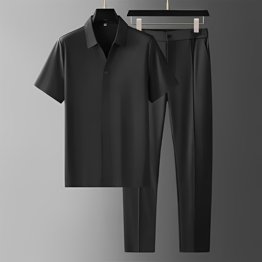 Men's Short Sleeve Polo Shirt and Trousers Co-ord Set with V-Neck Collar