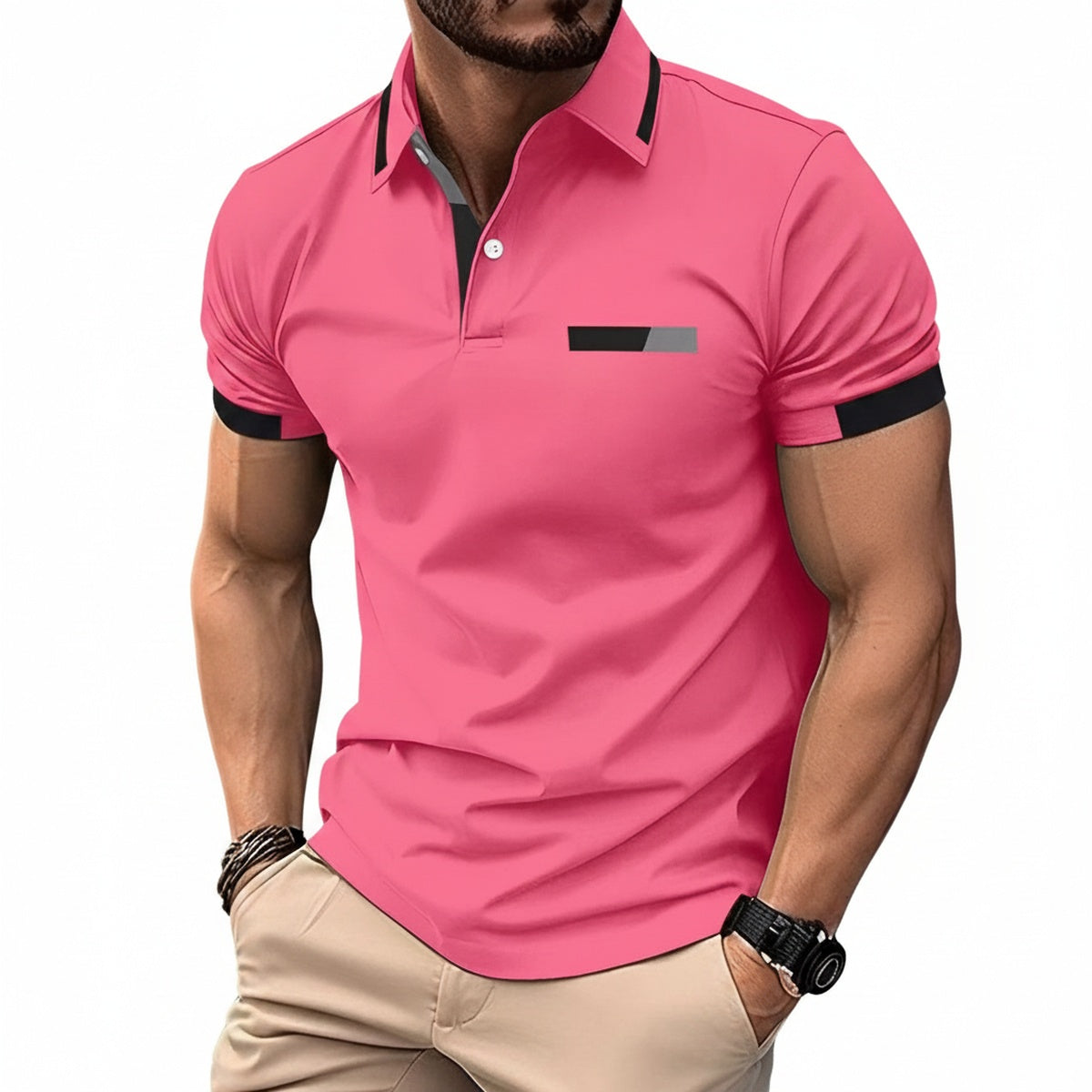 Men's Short Sleeve Polo Shirt with Contrast Collar and Slim Fit
